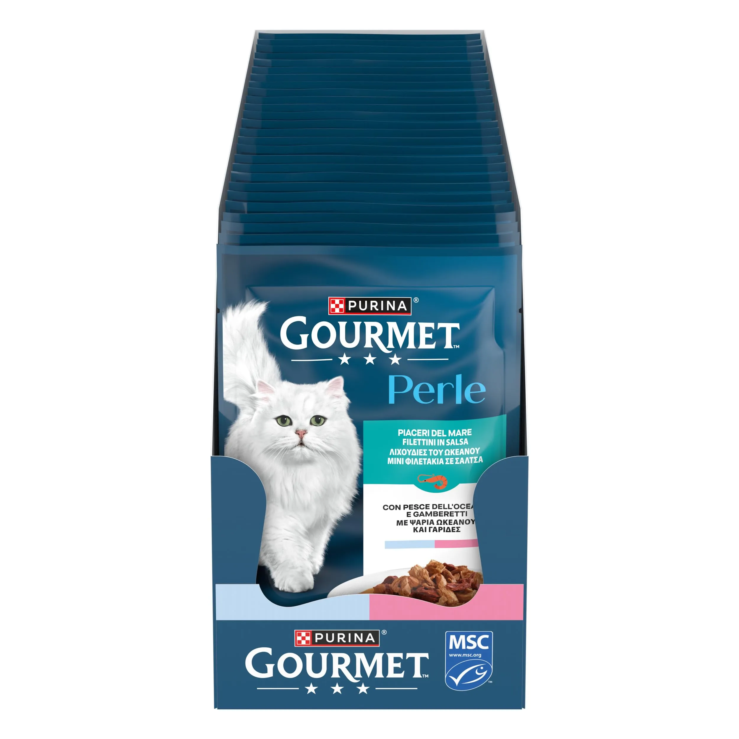 Gourmet Perle Piaceri del Mare Cibo Umido per Gatti Adulti Filettini con Pesce dell'Oceano e Gamberetti, 26 Buste da 85g - immagine 1
