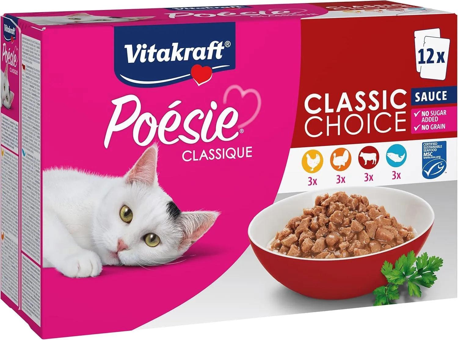 Vitakraft Poésie Classique Alimento Umido per Gatti in Salsa, Pollo, Tacchino, Manzo e Salmone, senza Zuccheri e Cereali (12x85g) - immagine 1