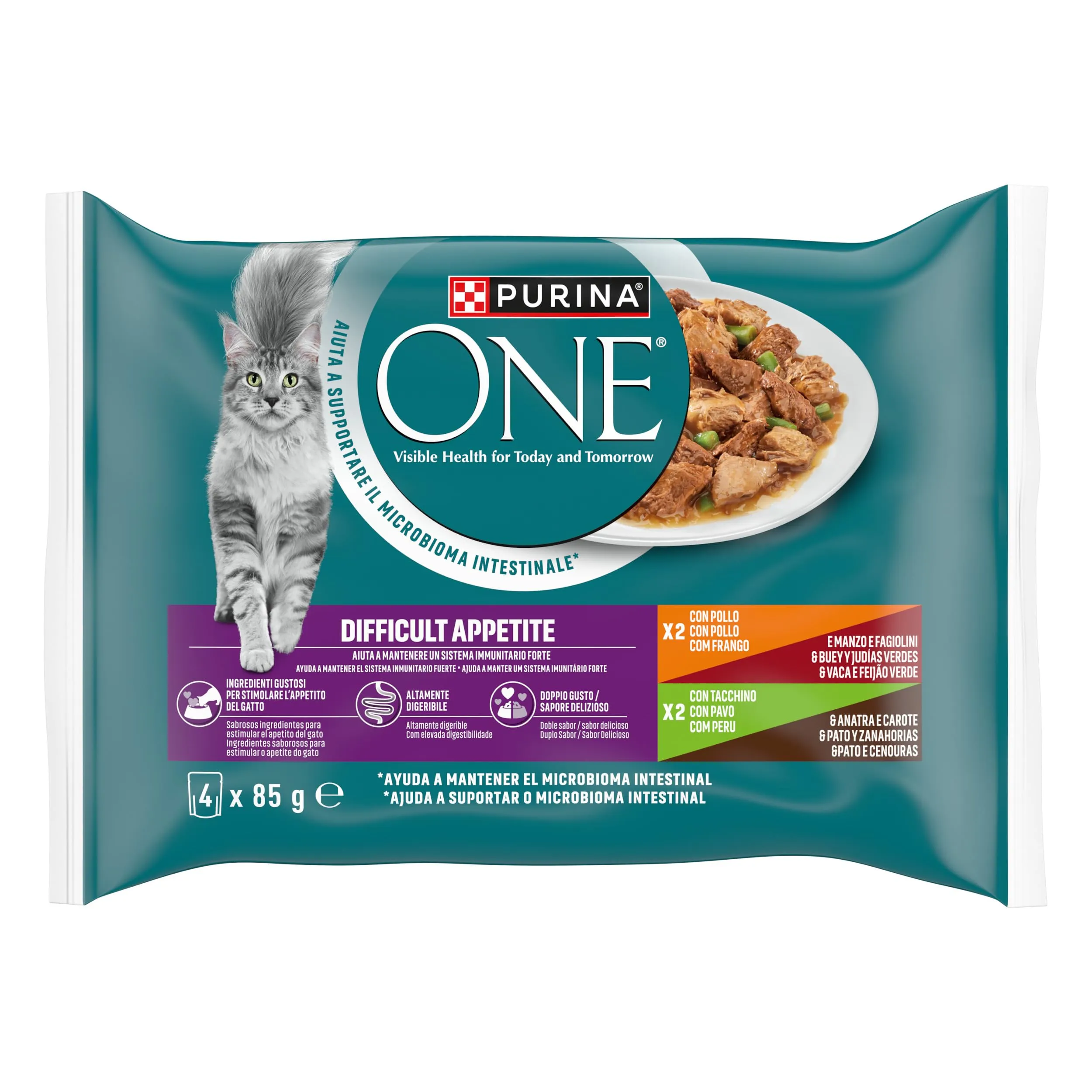 Purina ONE Appetito Difficile Filettini in salsa per Gatti con Pollo, Manzo, Tacchino e Anatra, 48 Buste da 85 g - immagine 1