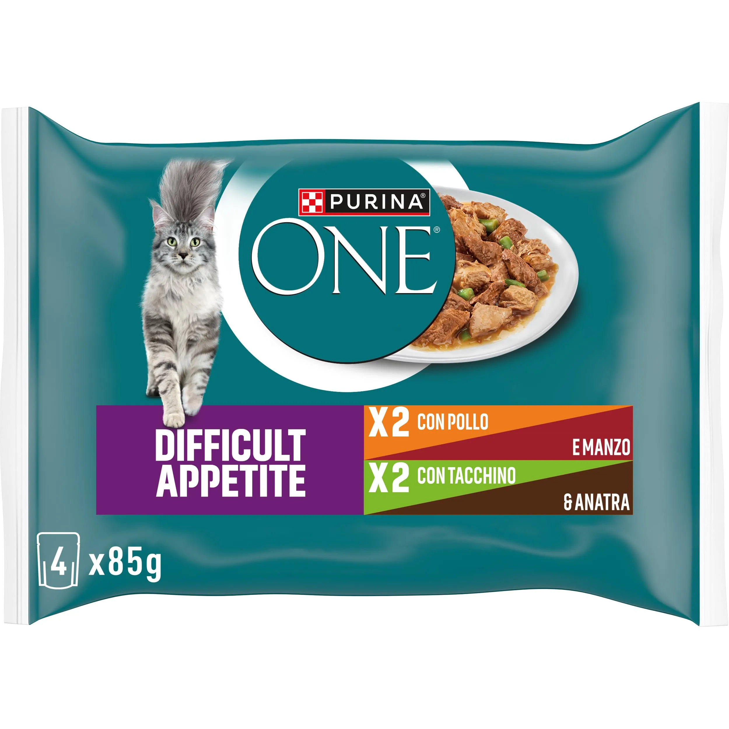 Purina ONE Appetito Difficile Filettini in salsa per Gatti con Pollo, Manzo, Tacchino e Anatra, 48 Buste da 85 g - immagine 2
