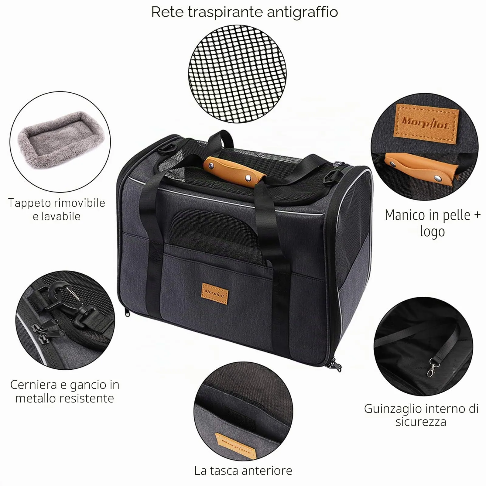 Morpilot Trasportino per gatti e cani fino a 9 kg, pieghevole, 47x32x36cm, grigio - immagine 2