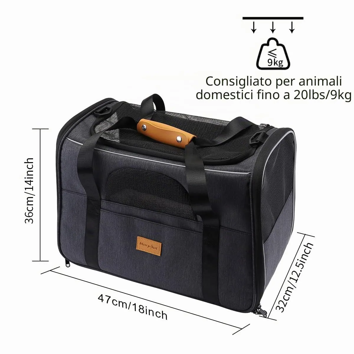 Morpilot Trasportino per gatti e cani fino a 9 kg, pieghevole, 47x32x36cm, grigio - immagine 3