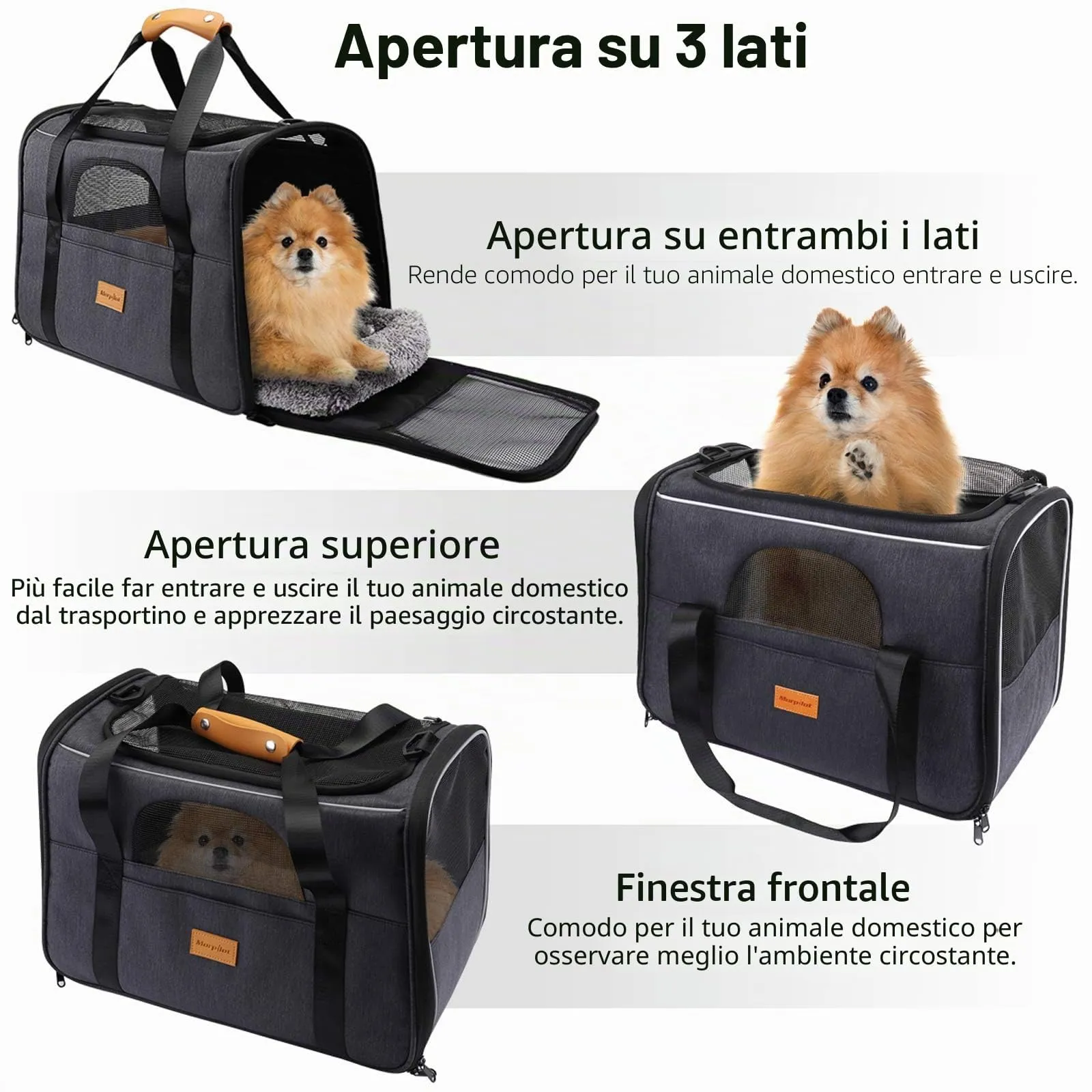 Morpilot Trasportino per gatti e cani fino a 9 kg, pieghevole, 47x32x36cm, grigio - immagine 4