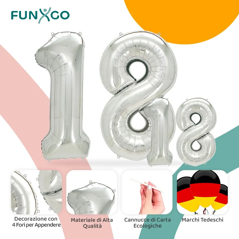 FUNXGO Palloncino Numero 18 Argento - immagine 3