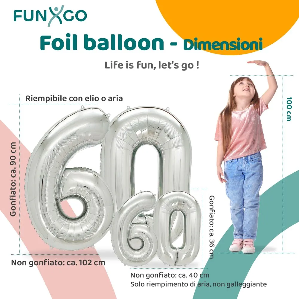 FUNXGO Palloncino Numero 60 Argento - immagine 2