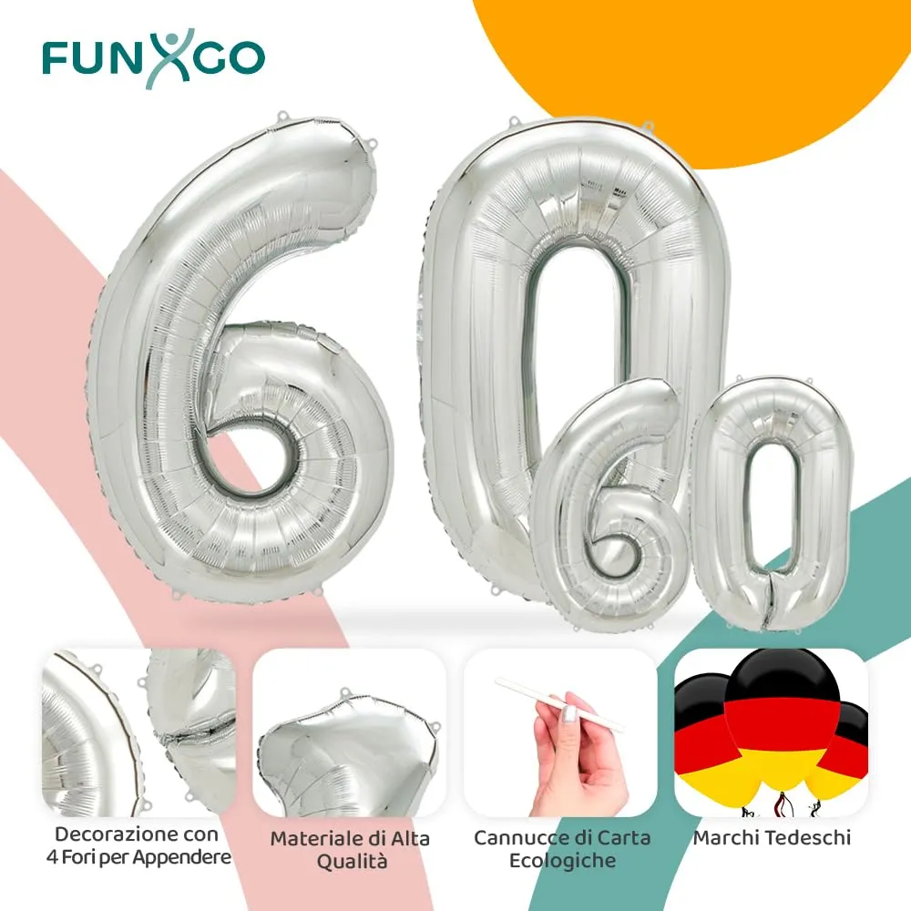 FUNXGO Palloncino Numero 60 Argento - immagine 3