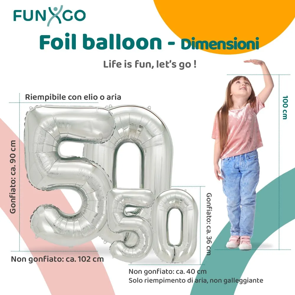 FUNXGO Palloncini in pellicola numero 50 argento, set da 2 pezzi, 100 e 38 cm - immagine 2