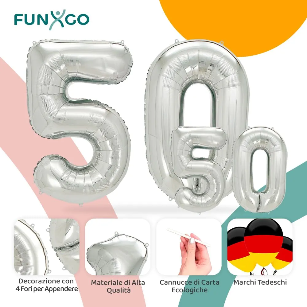 FUNXGO Palloncini in pellicola numero 50 argento, set da 2 pezzi, 100 e 38 cm - immagine 3