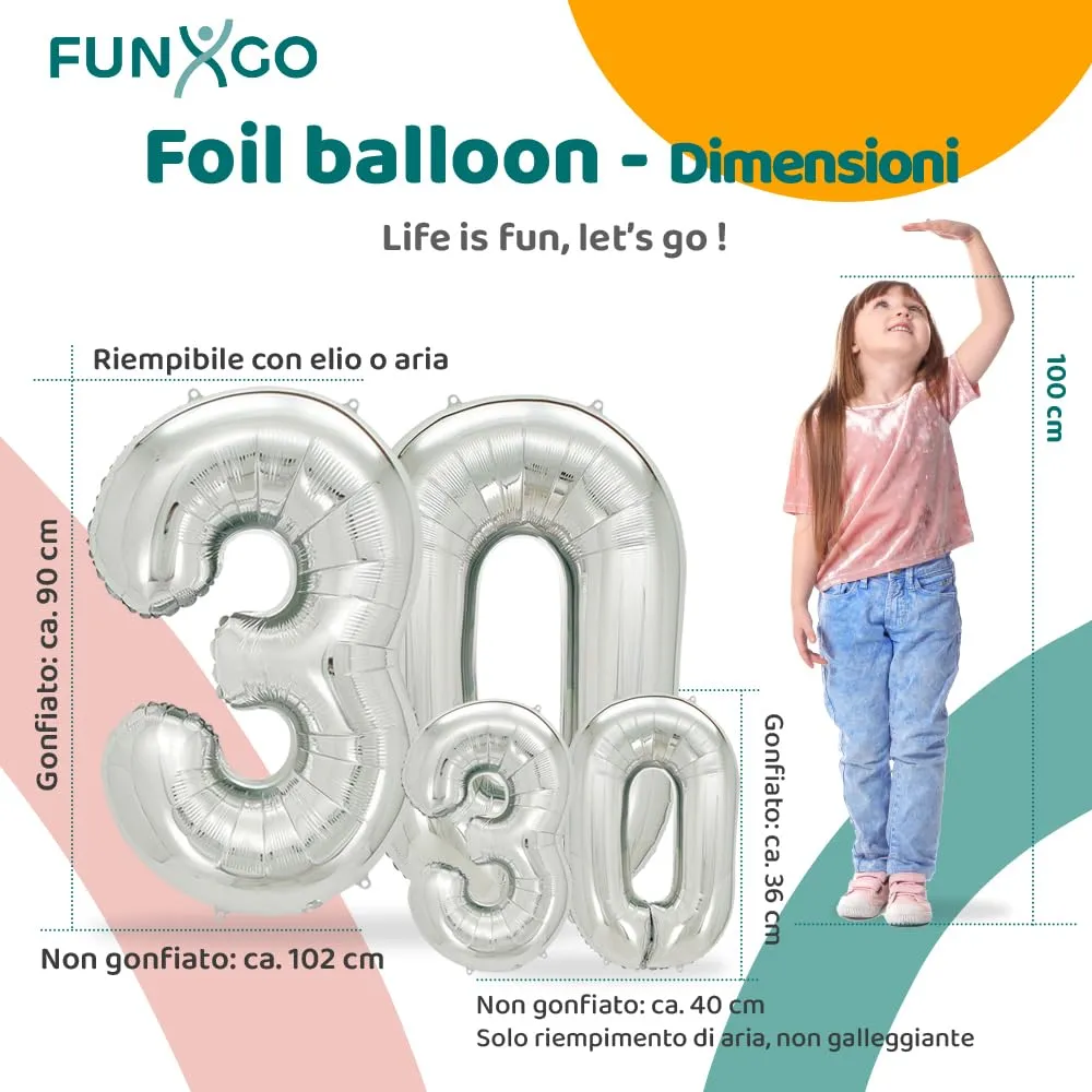 FUNXGO Palloncino Numero 30 Argento - immagine 2