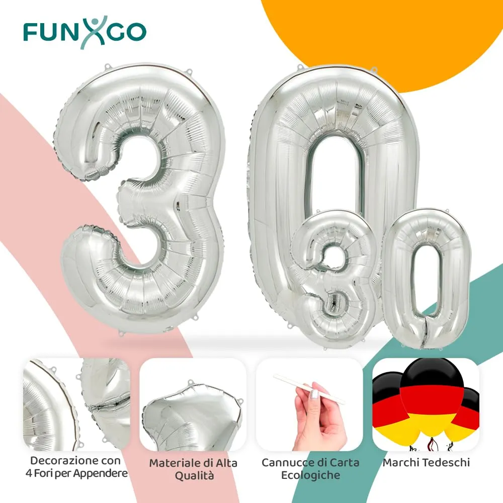 FUNXGO Palloncino Numero 30 Argento - immagine 3