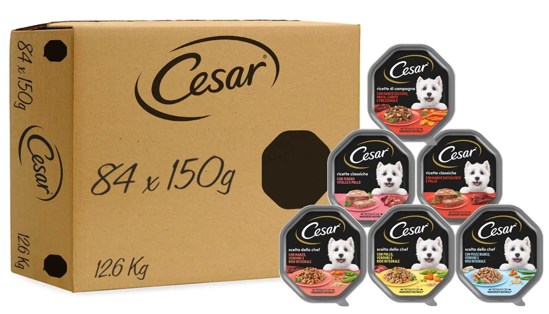 Cesar Cibo Umido per Cane, Gusti Misti, 84 vaschette da 150g (12.6kg) - immagine 1