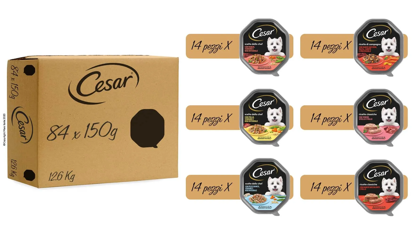 Cesar Cibo Umido per Cane, Gusti Misti, 84 vaschette da 150g (12.6kg) - immagine 2