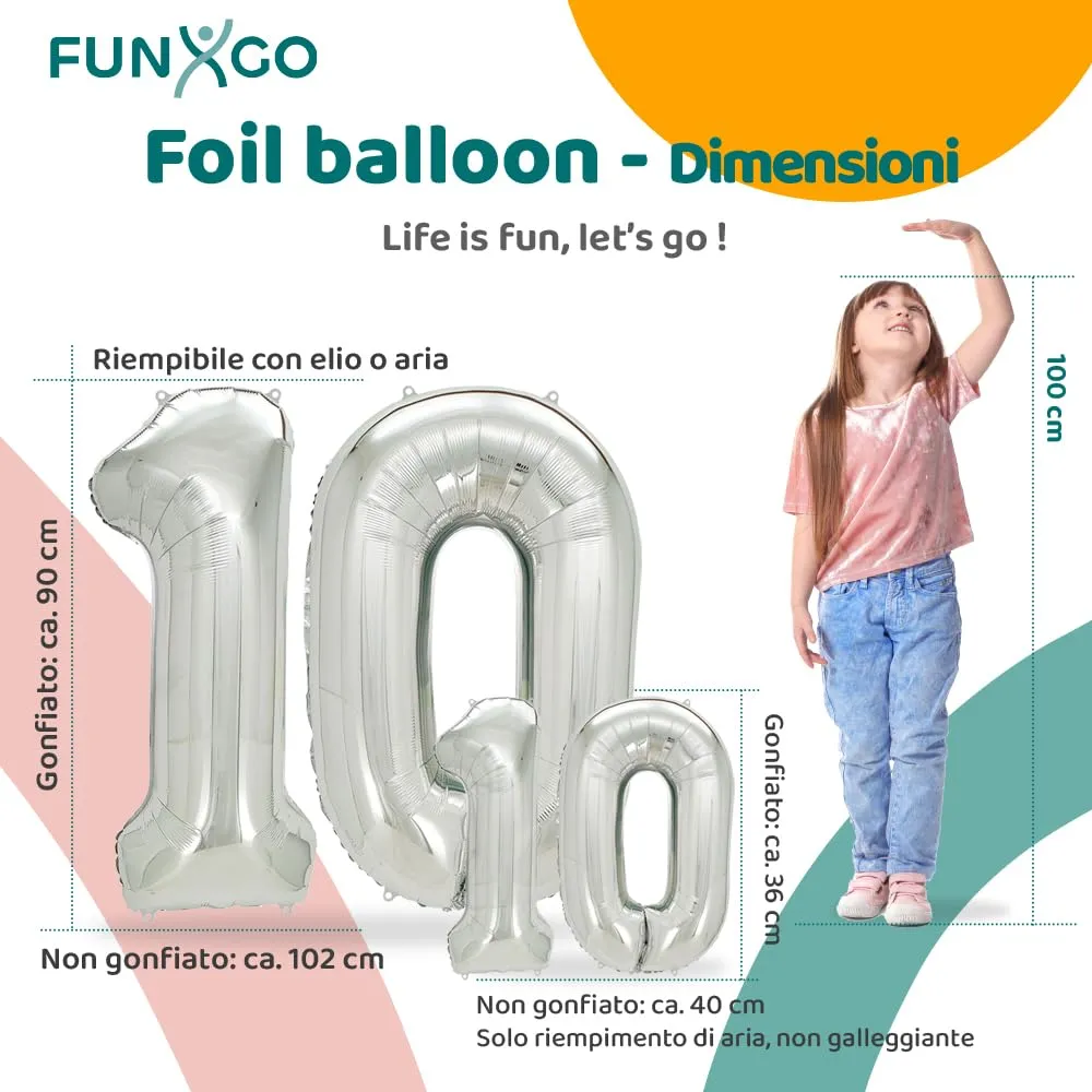 FUNXGO Set di palloncini in pellicola numero 10, 2 pezzi, 100 e 38 cm, argento - immagine 2