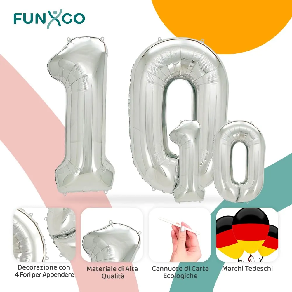 FUNXGO Set di palloncini in pellicola numero 10, 2 pezzi, 100 e 38 cm, argento - immagine 3