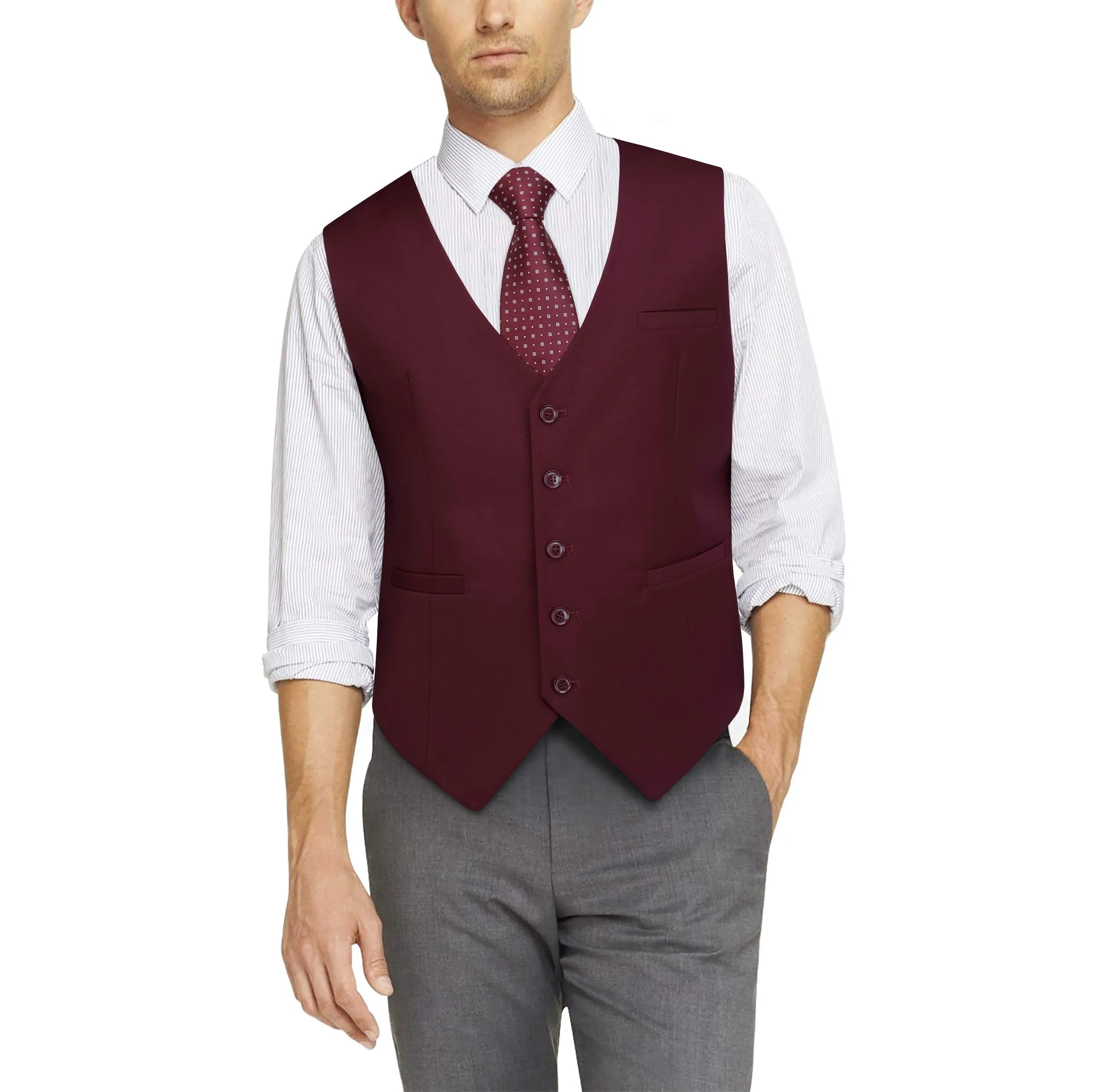 HISDERN Gilet da Uomo in Cotone Formale Borgogna - immagine 3