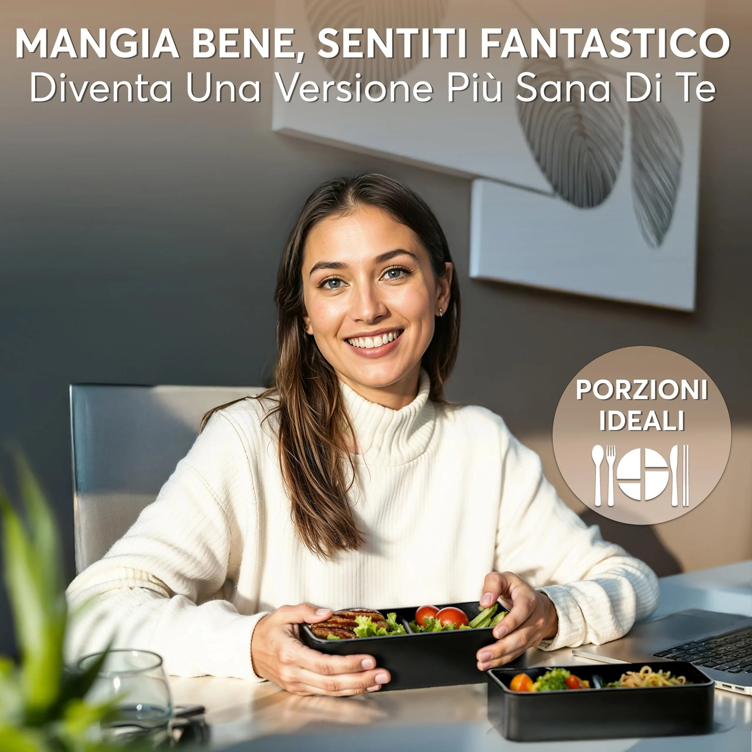 Umami Porta Pranzo Adulti Ermetico Bento Box con Scomparti e 4 Posate, 1200 ml, Nero e Beige - immagine 2