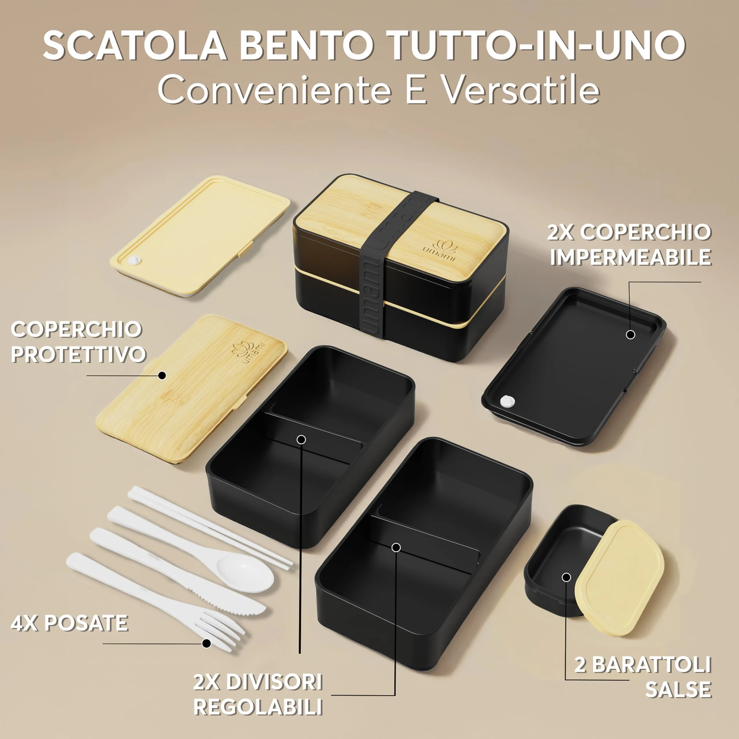 Umami Porta Pranzo Adulti Ermetico Bento Box con Scomparti e 4 Posate, 1200 ml, Nero e Beige - immagine 3