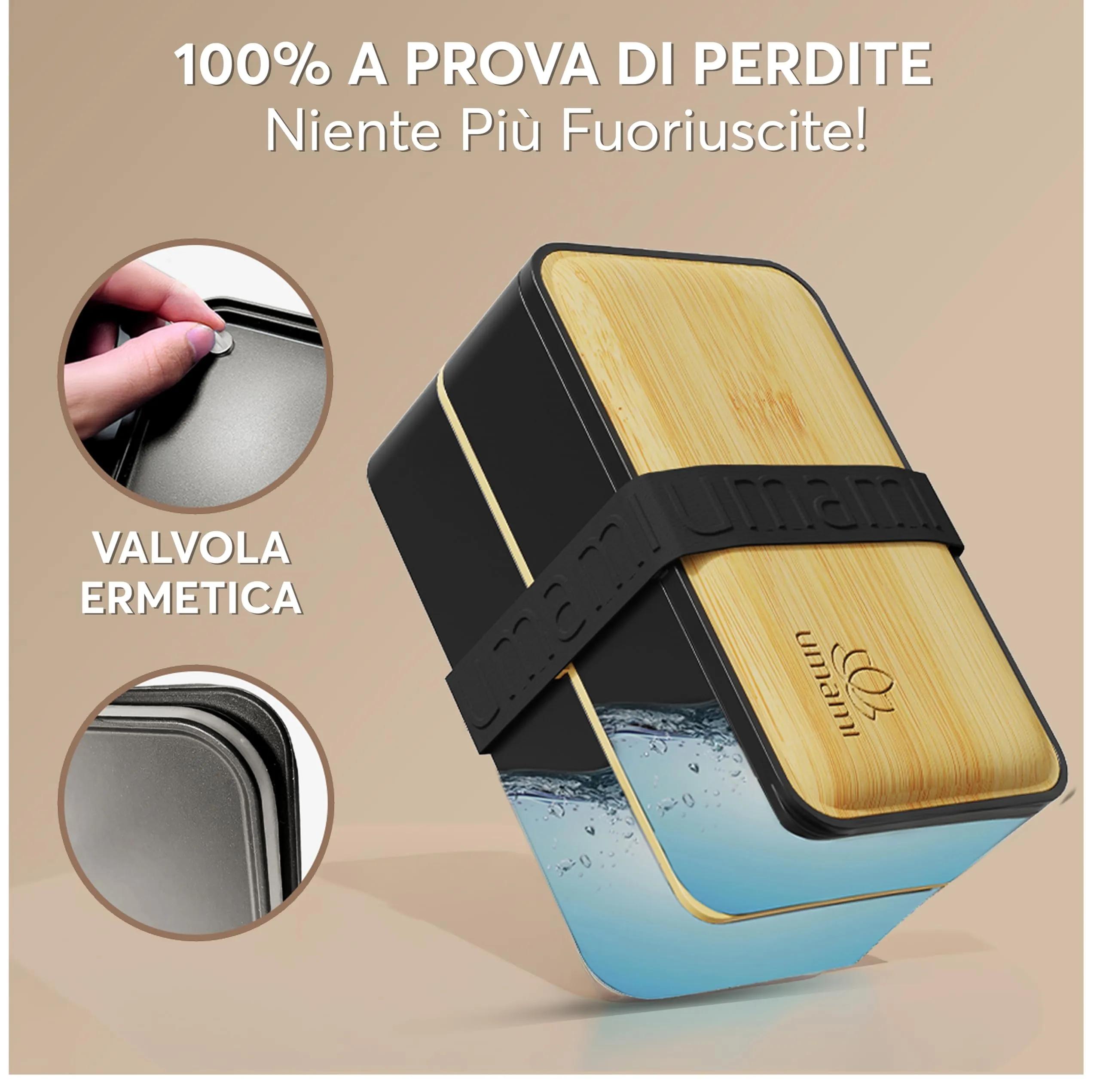 Umami Porta Pranzo Adulti Ermetico Bento Box con Scomparti e 4 Posate, 1200 ml, Nero e Beige - immagine 4