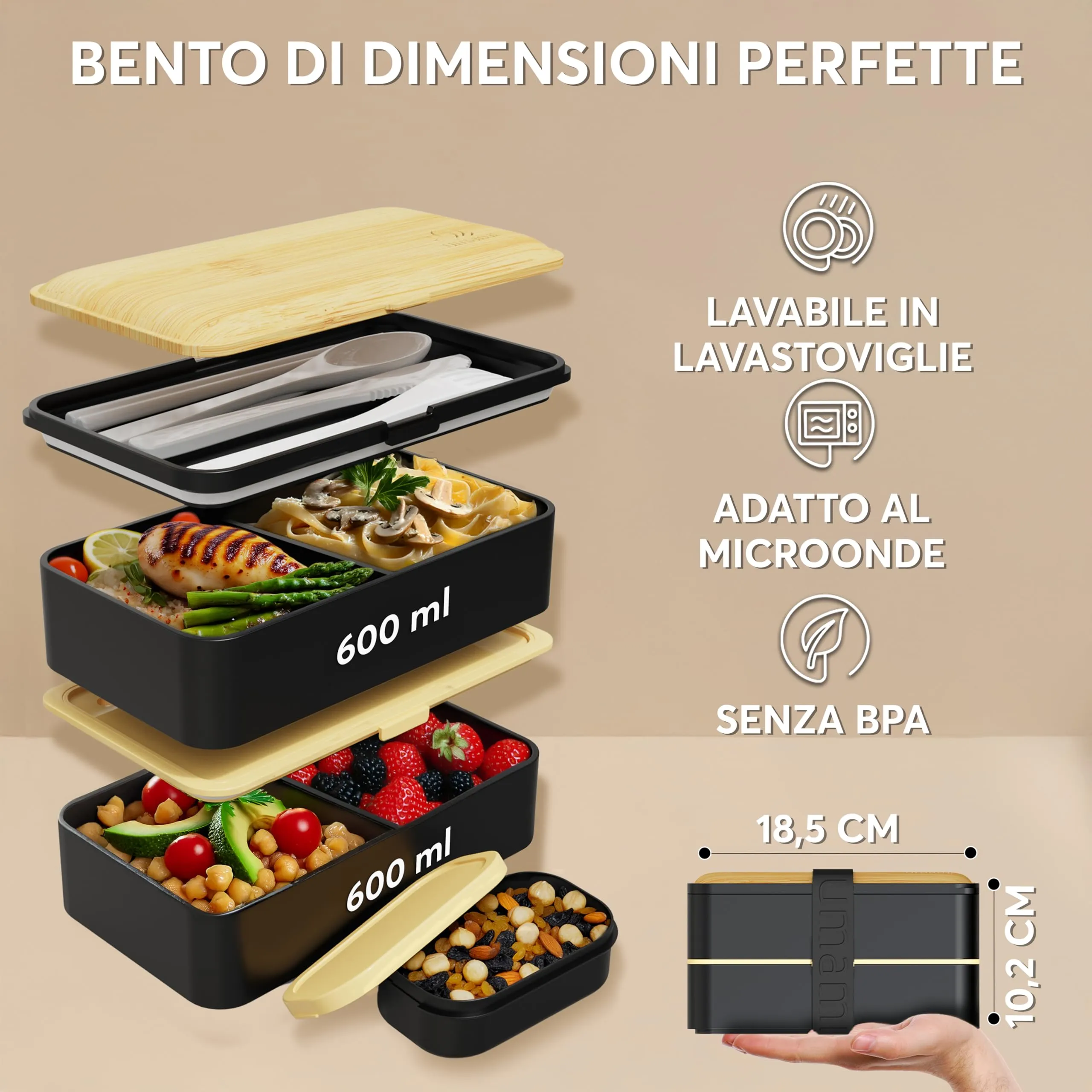 Umami Porta Pranzo Adulti Ermetico Bento Box con Scomparti e 4 Posate, 1200 ml, Nero e Beige - immagine 5
