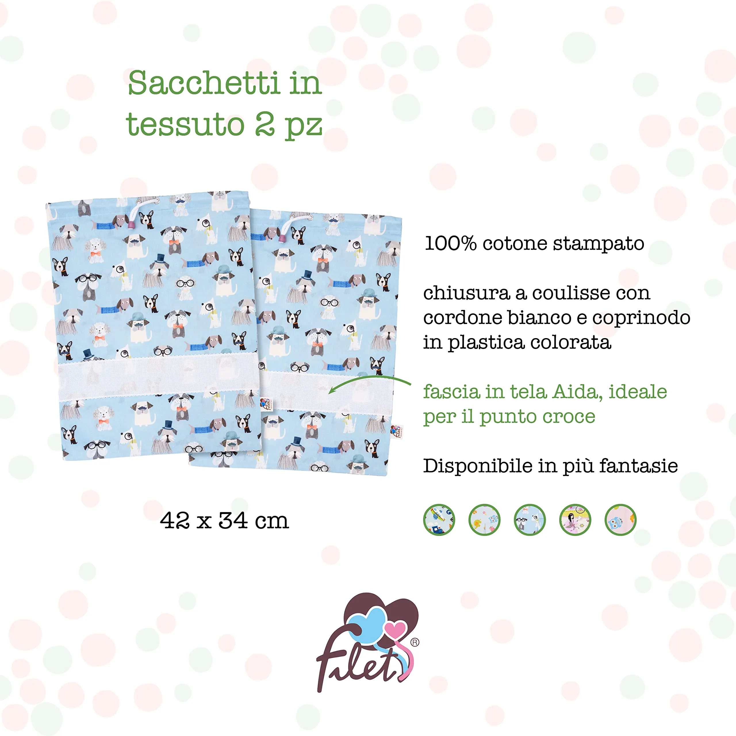 Filet Set 2 Sacchetti Asilo in Cotone con Stampa Cagnolini e Inserto in Tela Aida da Ricamare, 42 x 34 cm - immagine 2