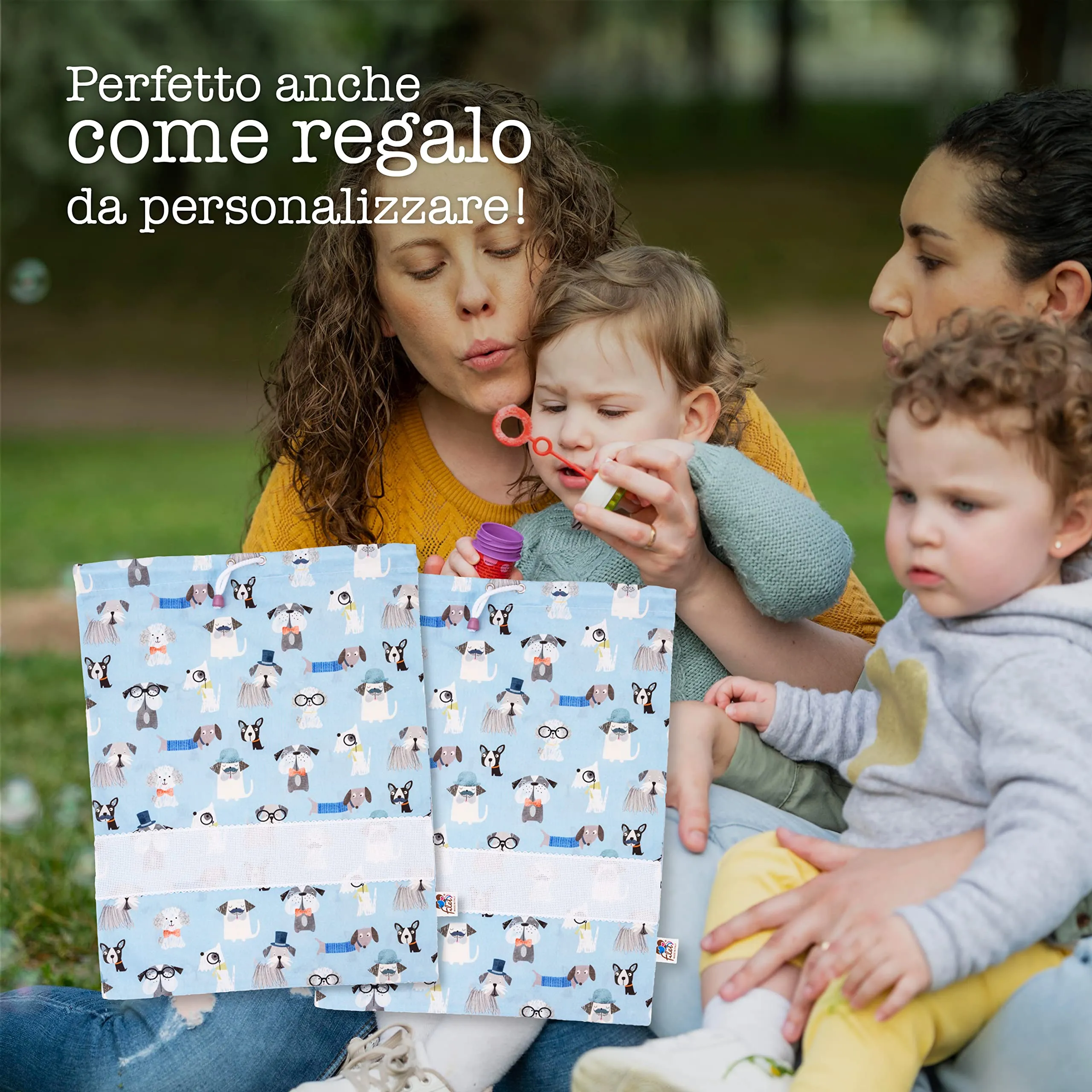 Filet Set 2 Sacchetti Asilo in Cotone con Stampa Cagnolini e Inserto in Tela Aida da Ricamare, 42 x 34 cm - immagine 5