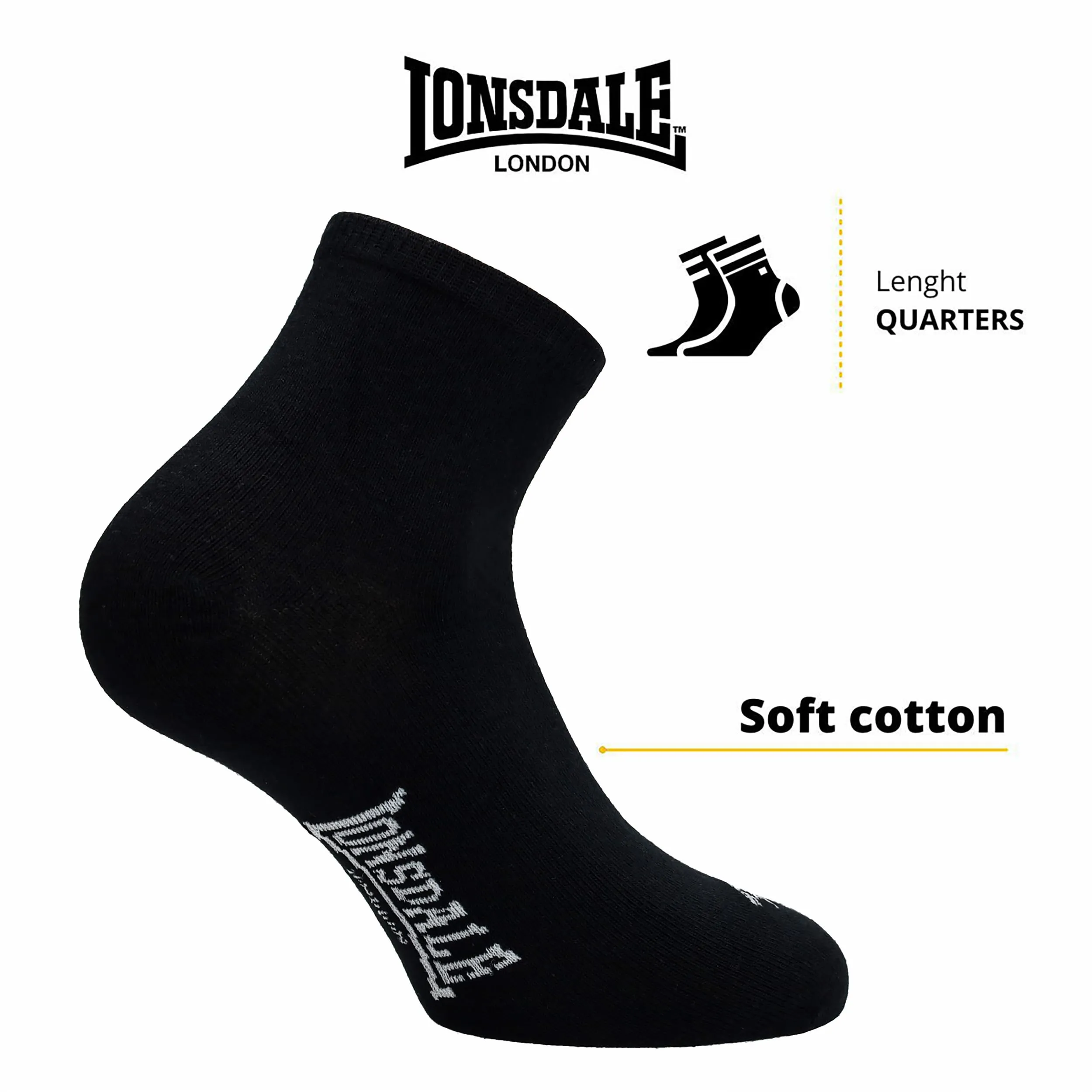 Lonsdale Quarter Calzini sopra la caviglia, 6 paia (Nero, 39-42) - immagine 3