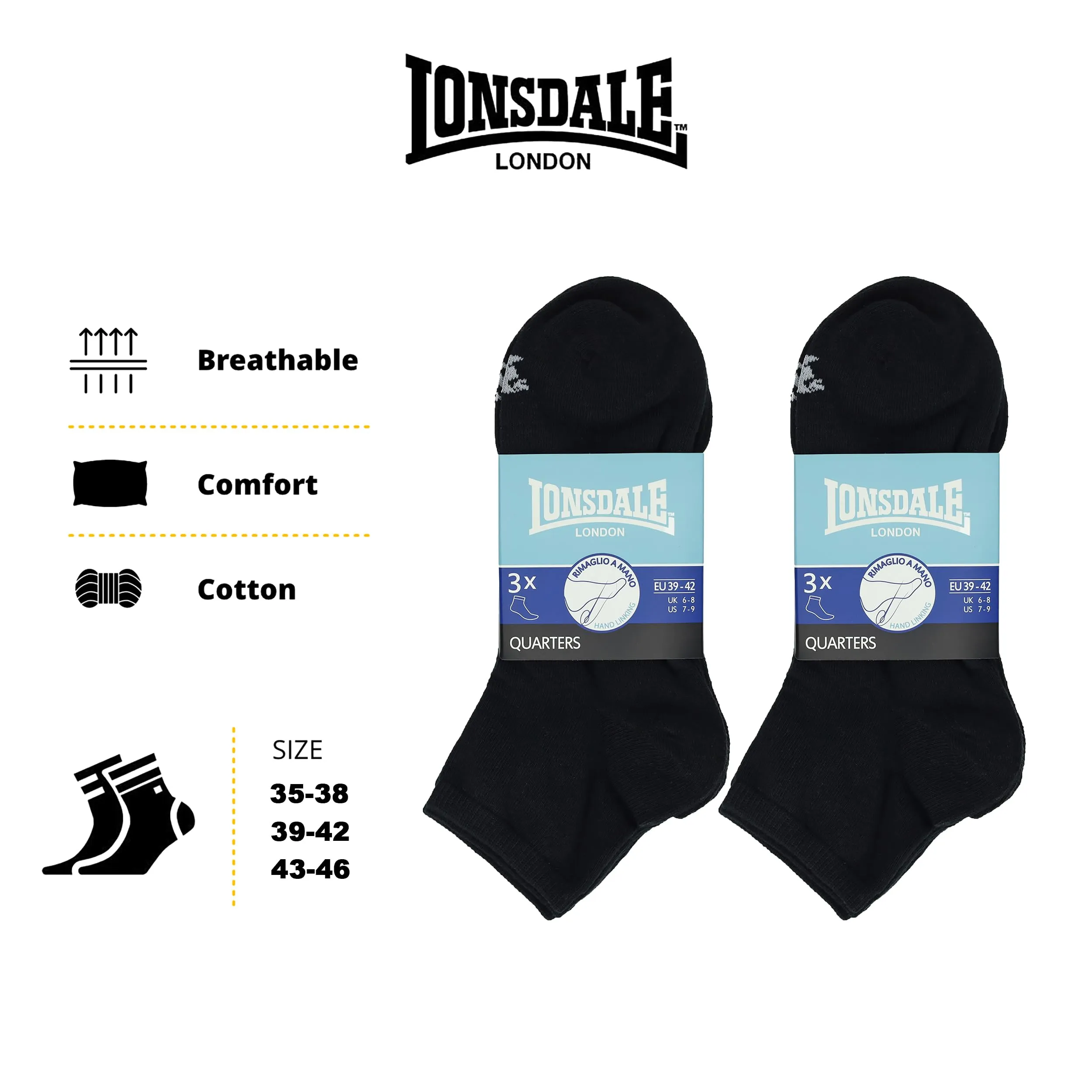 Lonsdale Quarter Calzini sopra la caviglia, 6 paia (Nero, 39-42) - immagine 4