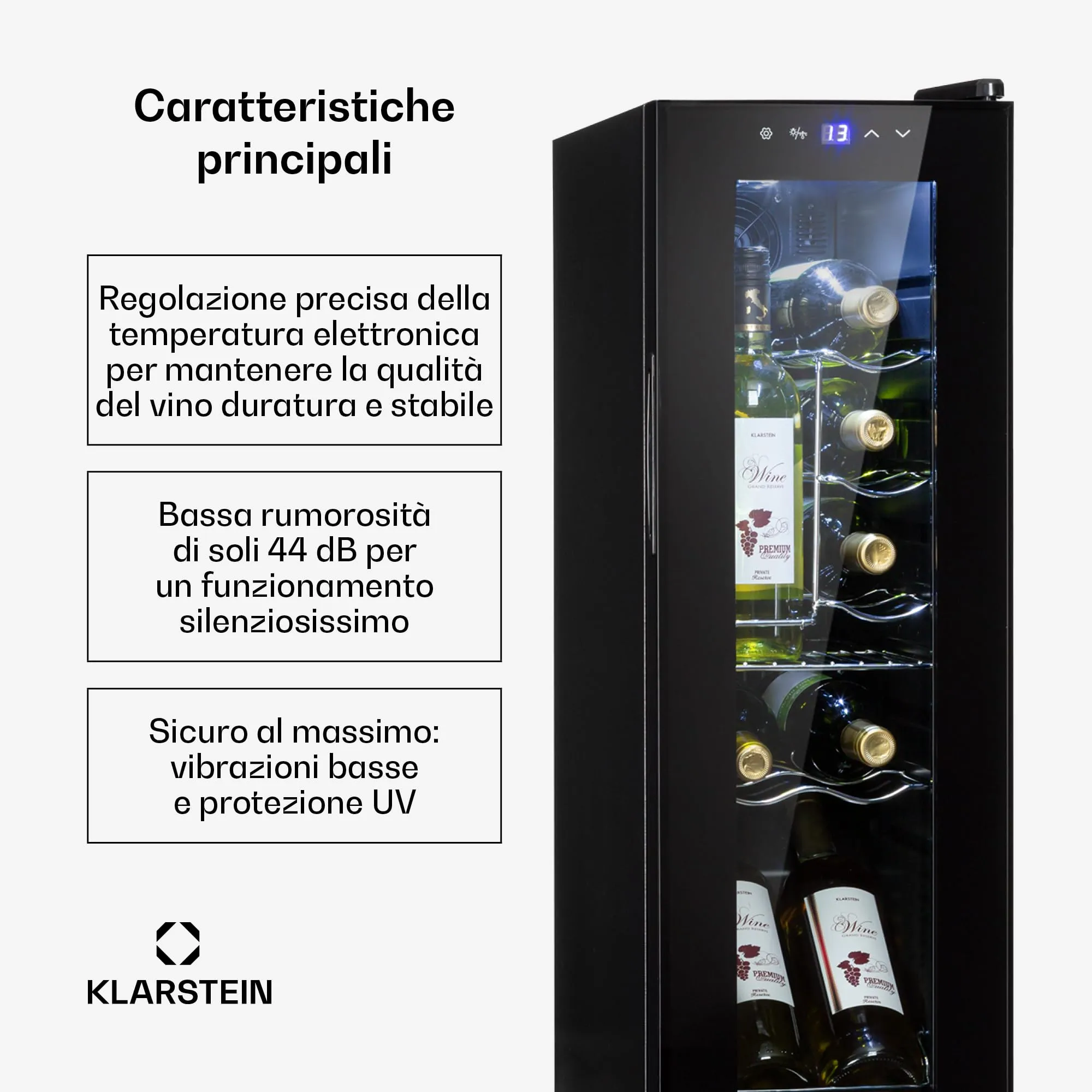 Klarstein Shiraz Cantinetta Vino Nero, 12 Bottiglie, 1 Zona, 5–18 °C, LED, Telaio Inox - immagine 2