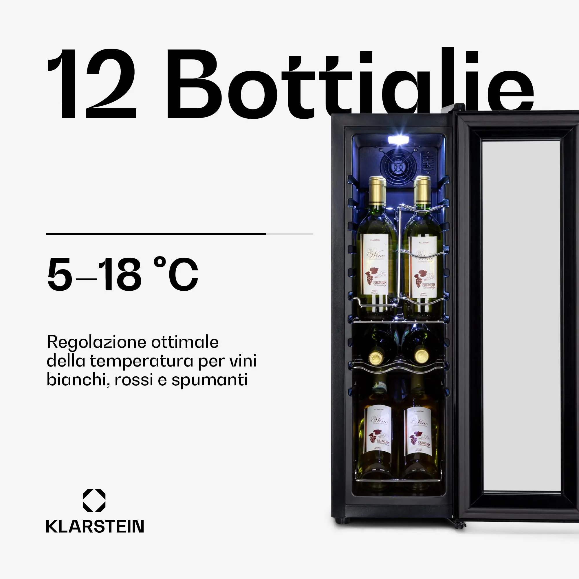 Klarstein Shiraz Cantinetta Vino Nero, 12 Bottiglie, 1 Zona, 5–18 °C, LED, Telaio Inox - immagine 3