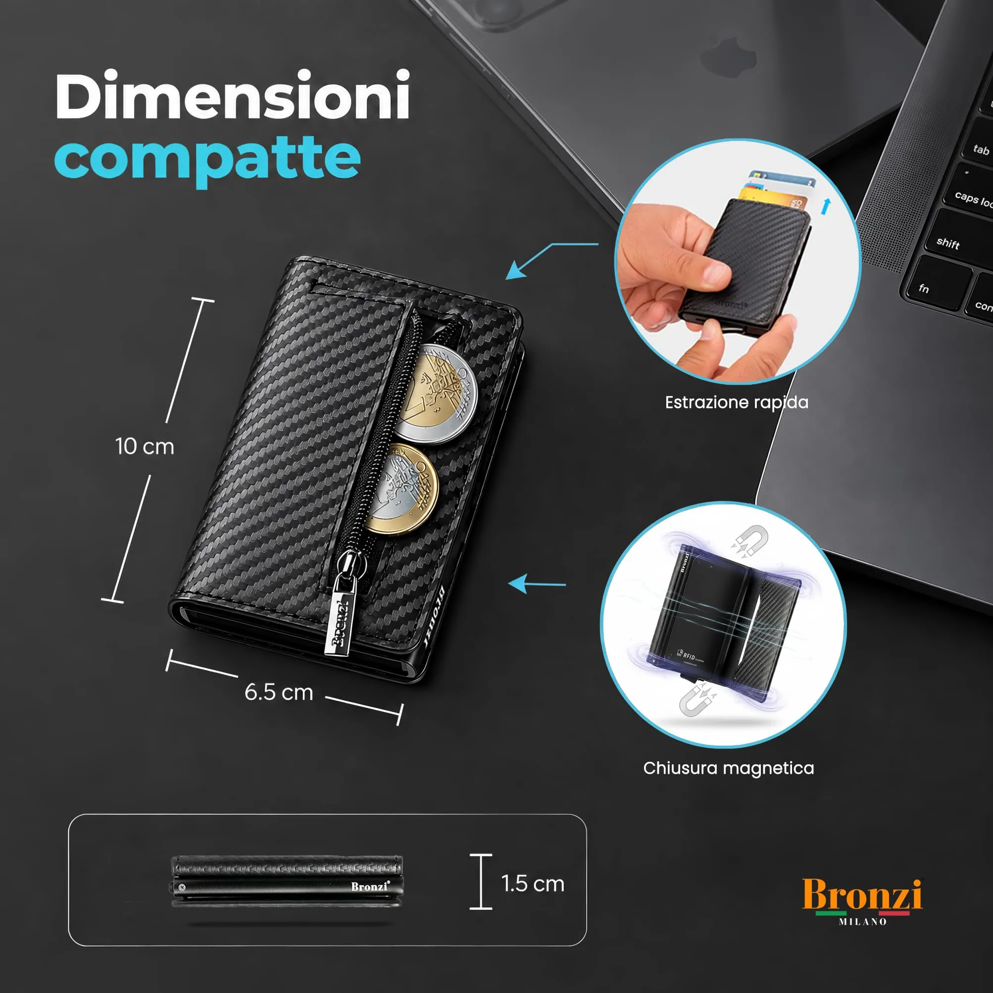 Bronzi Portafoglio Uomo Slim Pop-Up in Fibra di Carbonio con Protezione RFID e Chiusura Magnetica - immagine 2