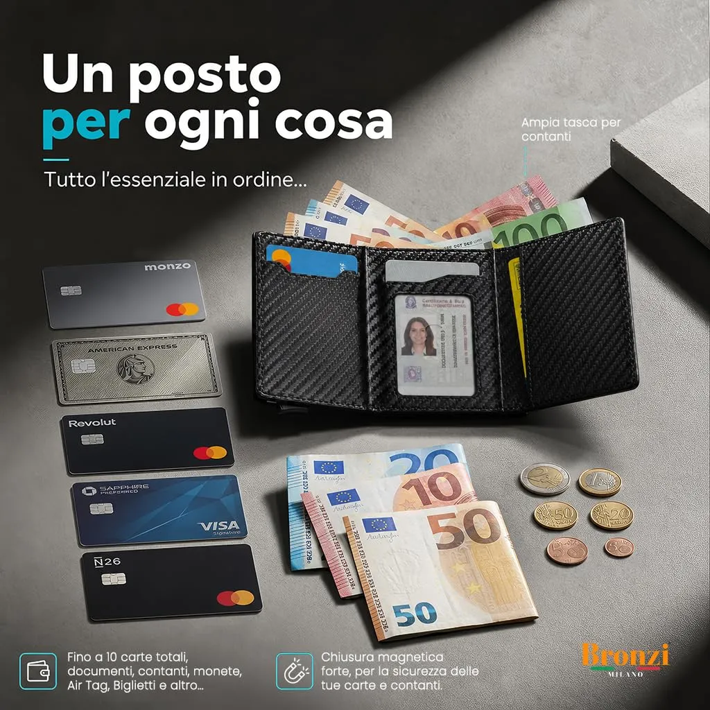 Bronzi Portafoglio Uomo Slim Pop-Up in Fibra di Carbonio con Protezione RFID e Chiusura Magnetica - immagine 3
