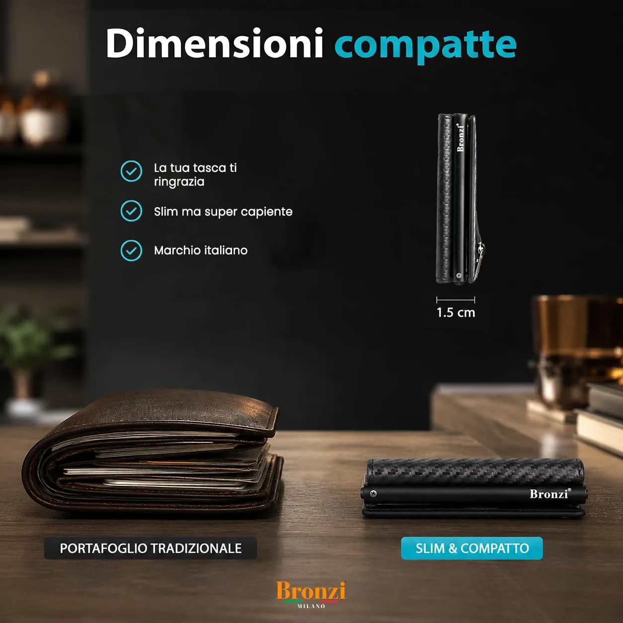 Bronzi Portafoglio Uomo Slim Pop-Up in Fibra di Carbonio con Protezione RFID e Chiusura Magnetica - immagine 5