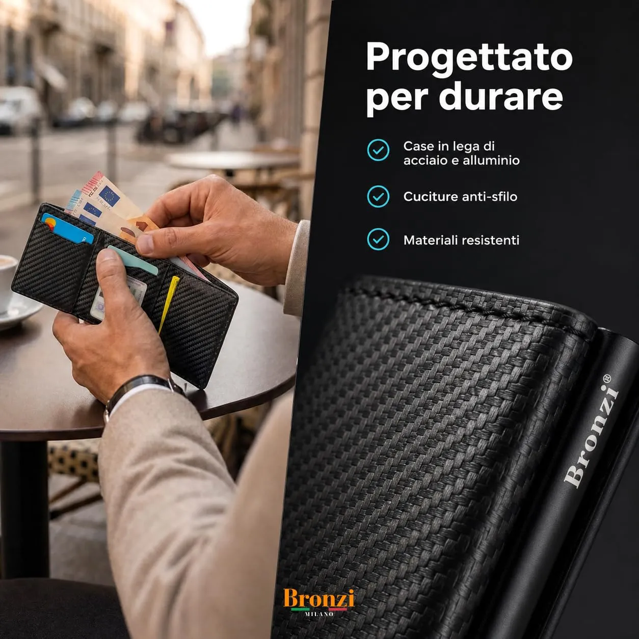 Bronzi Portafoglio Uomo Slim Pop-Up in Fibra di Carbonio con Protezione RFID e Chiusura Magnetica - immagine 6