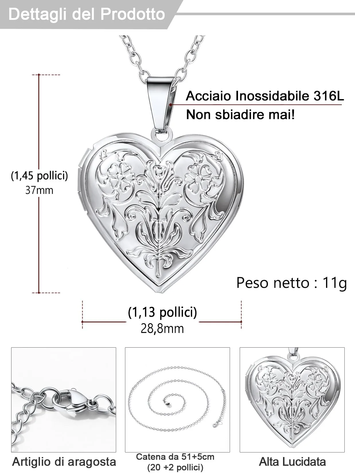 U7 Collana Donna Portafoto Cuore Apribile Fiore Acciaio Inossidabile - immagine 4