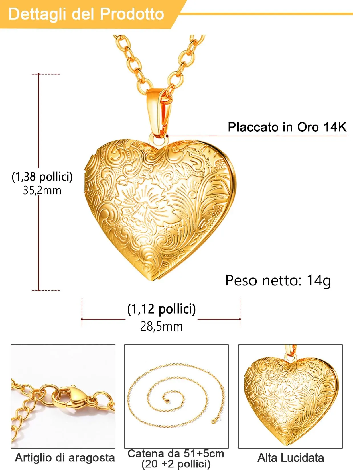 U7 Collana Donna Portafoto Cuore Apribile Fiore Oro Acciaio Inossidabile - immagine 5