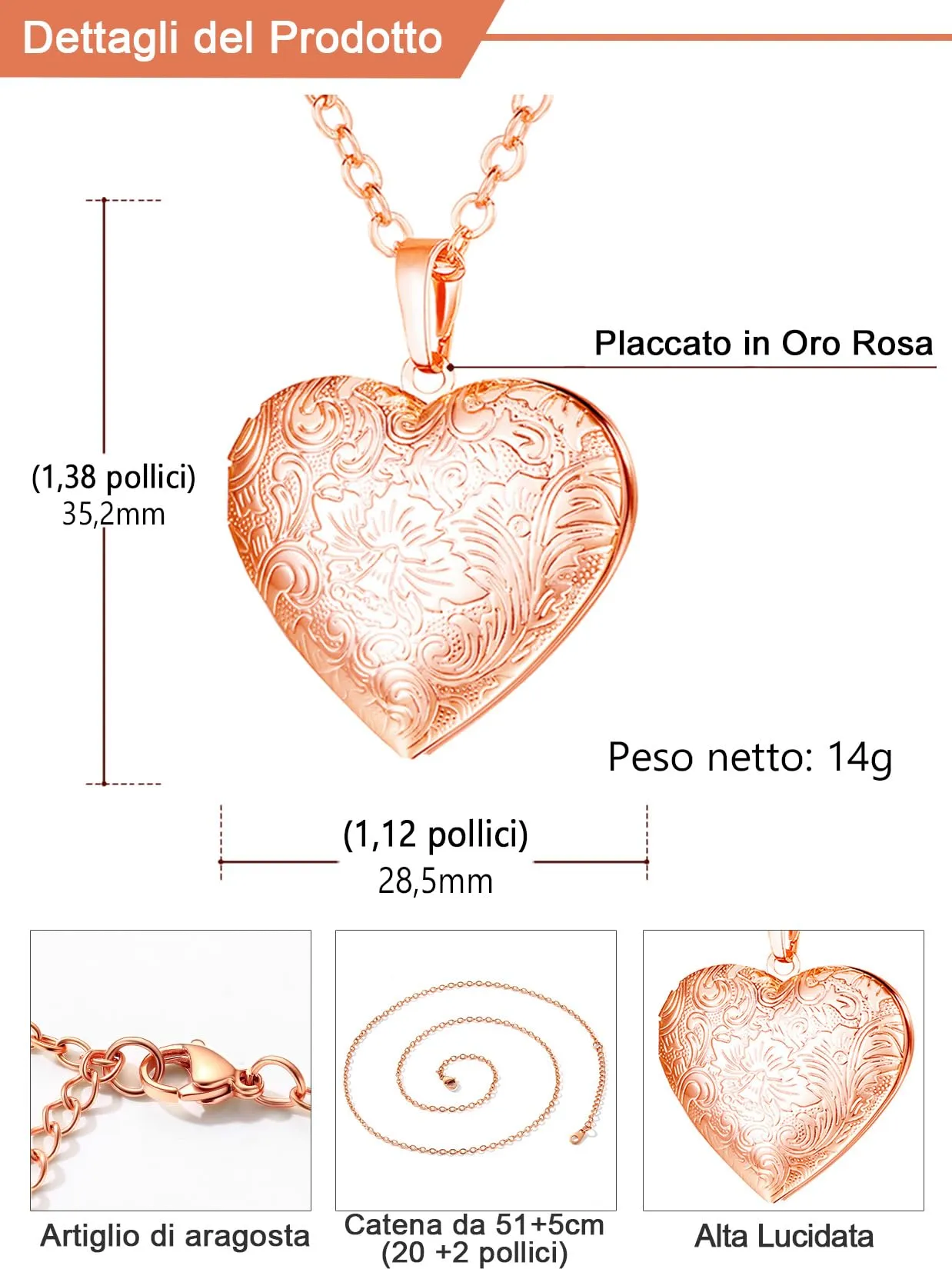 U7 Collana Donna Portafoto Cuore Apribile Fiore Rosa Acciaio Inossidabile - immagine 5