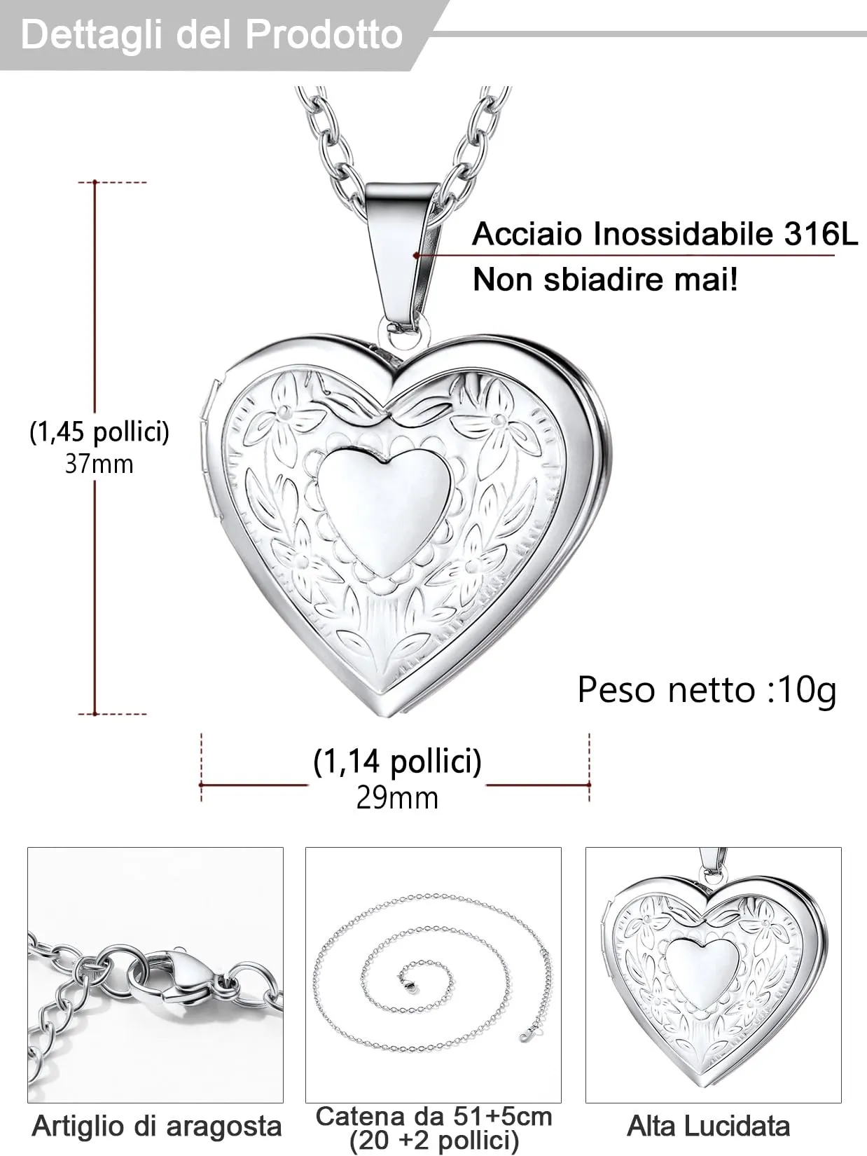 U7 Collana Donna Portafoto Cuore Apribile Fiore Acciaio Inossidabile - immagine 5