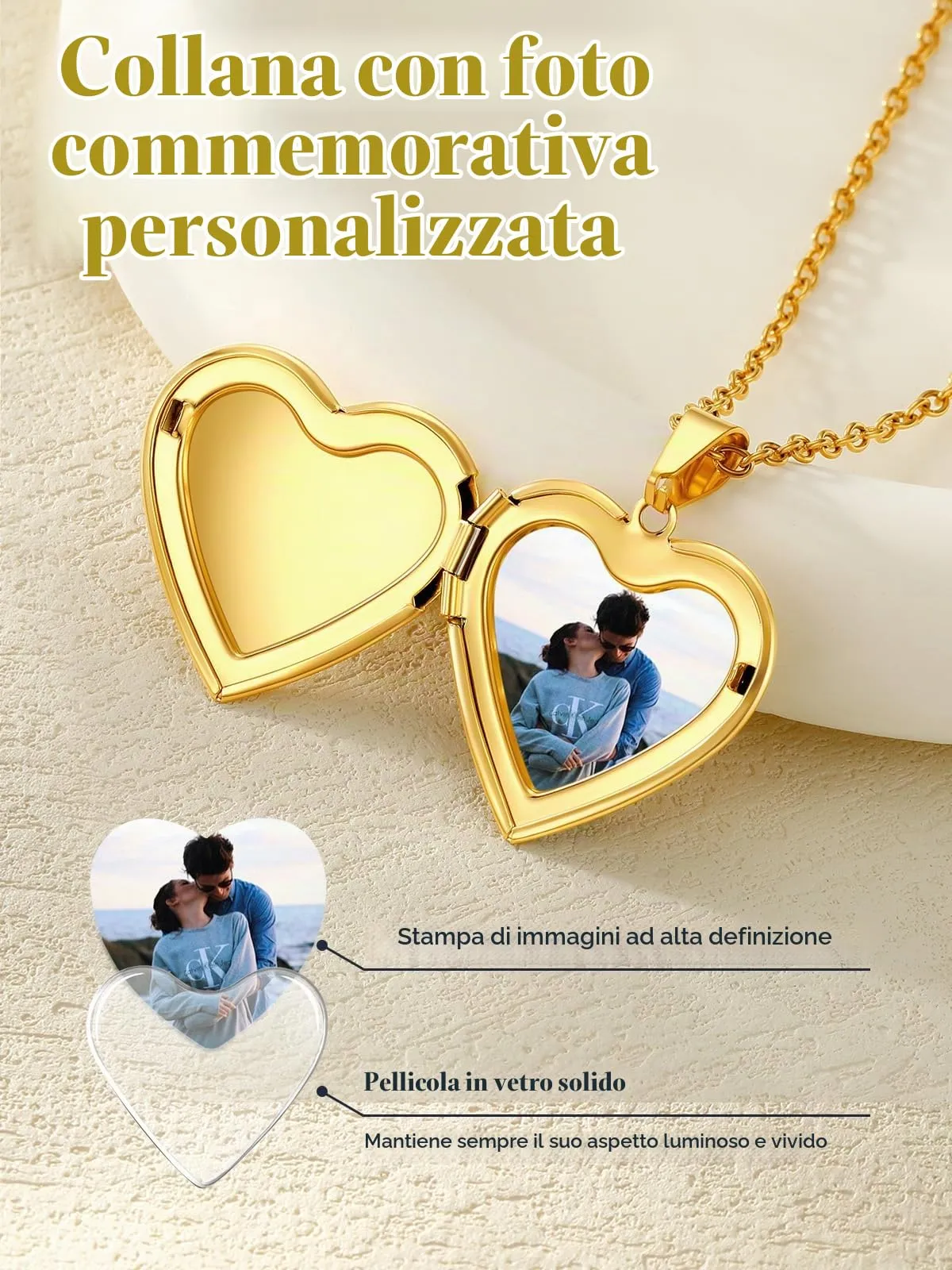 U7 Collana con Foto Personalizzata, Medaglione Portafoto a Cuore in Acciaio Inossidabile 316L, Oro 14K - immagine 4