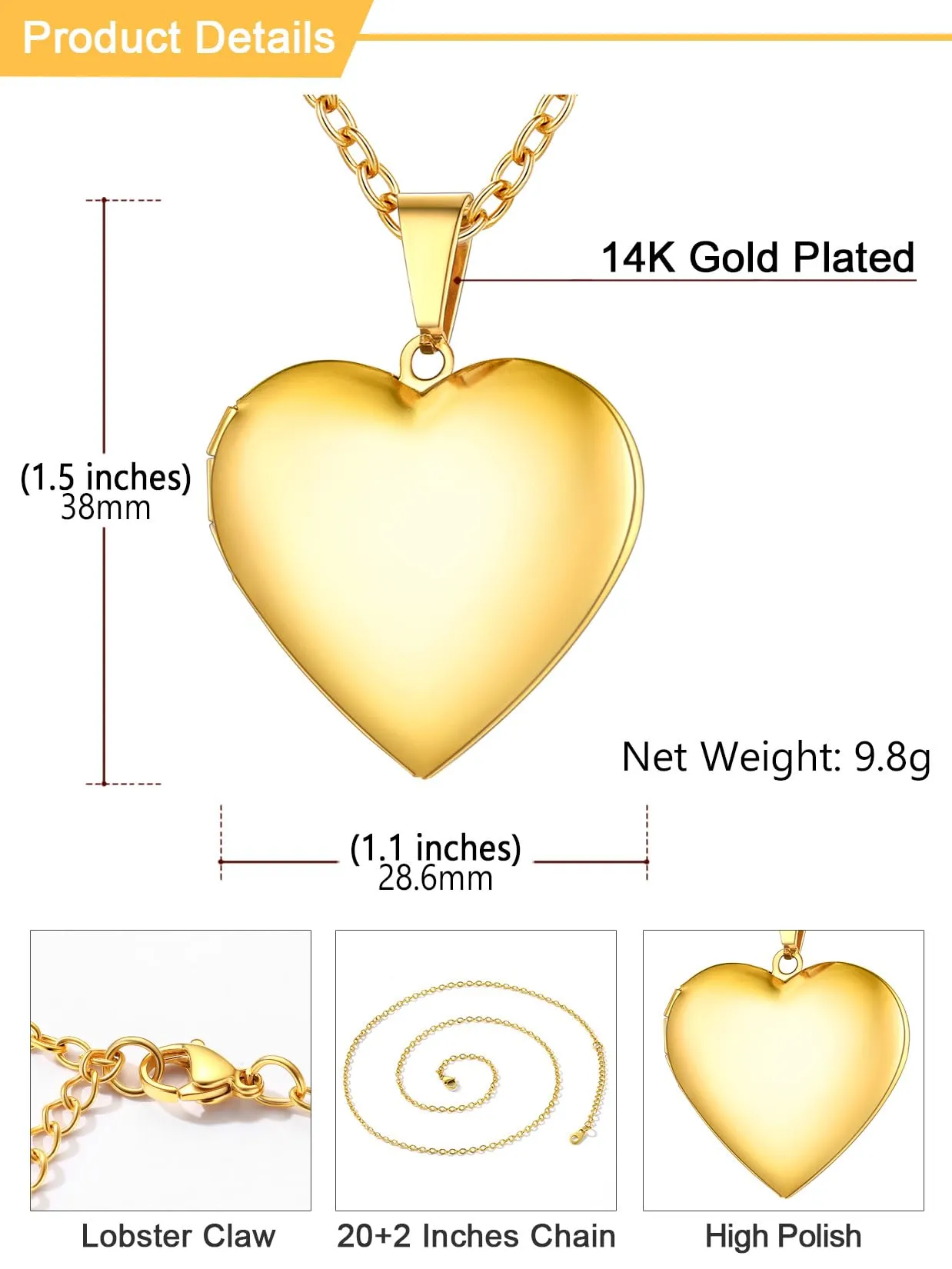 U7 Collana con Foto Personalizzata, Medaglione Portafoto a Cuore in Acciaio Inossidabile 316L, Oro 14K - immagine 6