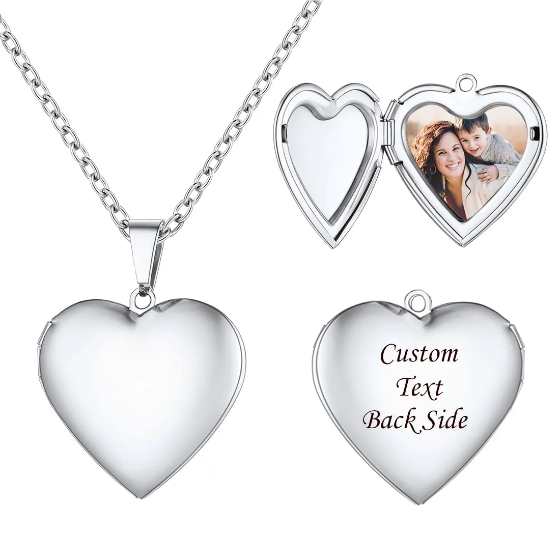 U7 Collana con Medaglione Portafoto a Cuore Personalizzata in Acciaio Inossidabile 316L, Argento - immagine 1