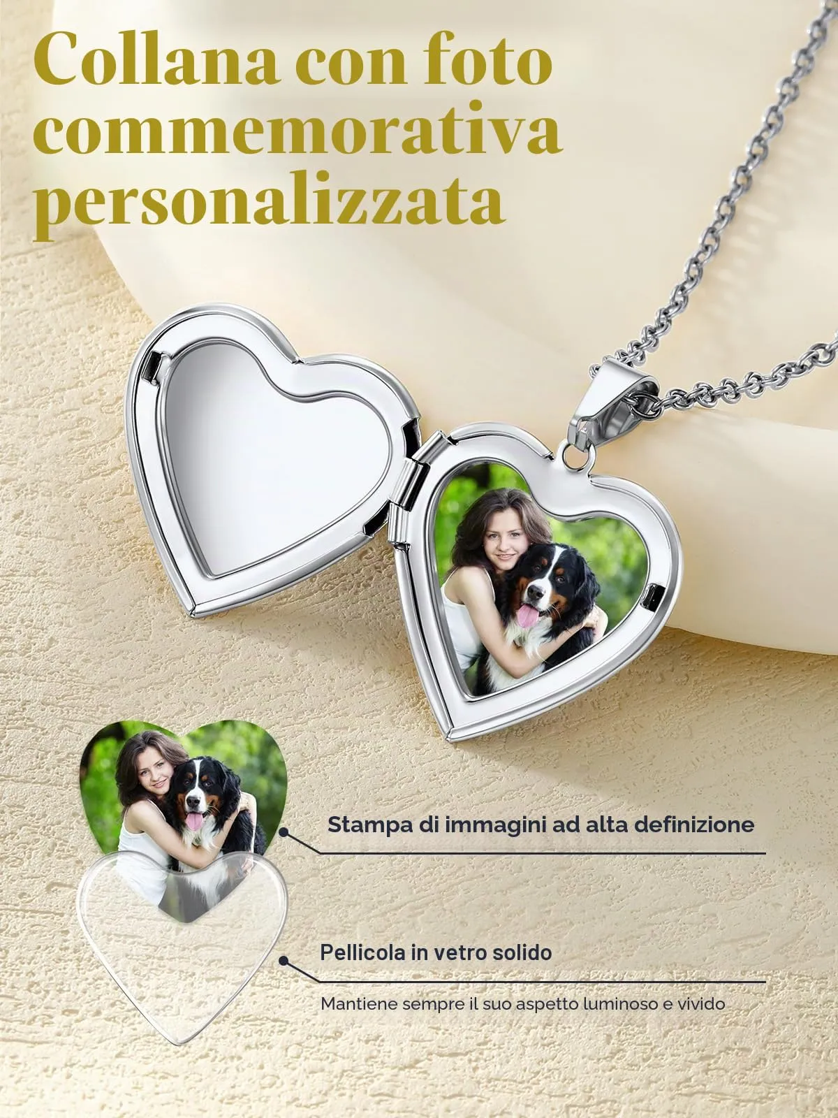 U7 Collana con Medaglione Portafoto a Cuore Personalizzata in Acciaio Inossidabile 316L, Argento - immagine 4