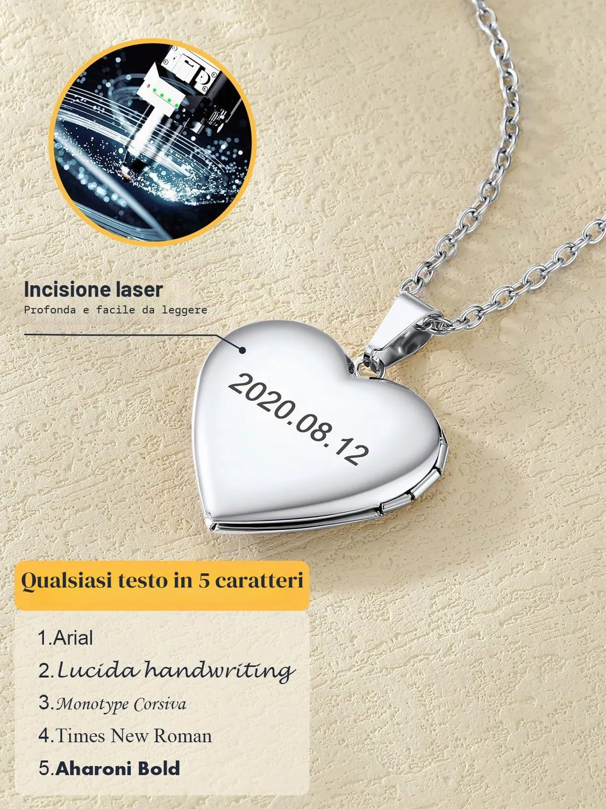 U7 Collana con Medaglione Portafoto a Cuore Personalizzata in Acciaio Inossidabile 316L, Argento - immagine 5
