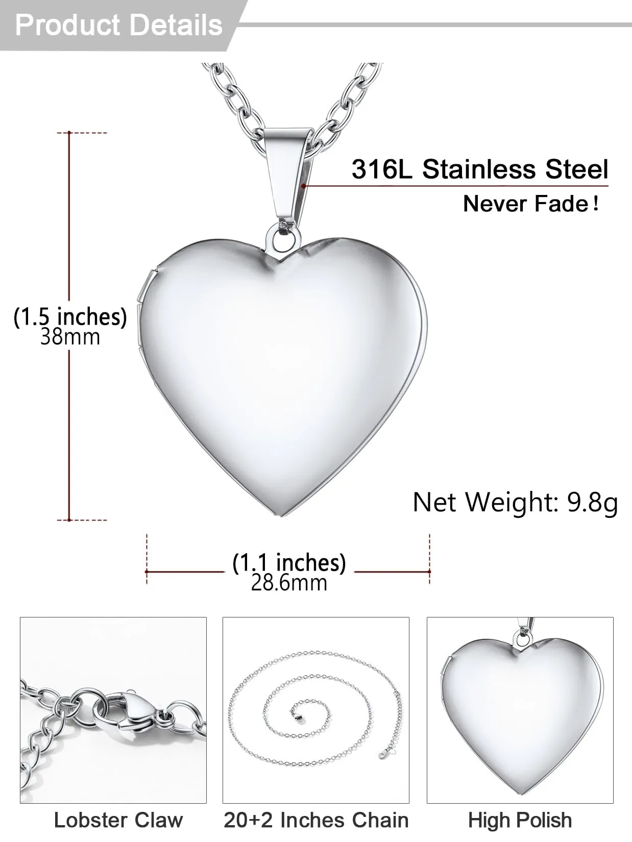 U7 Collana con Medaglione Portafoto a Cuore Personalizzata in Acciaio Inossidabile 316L, Argento - immagine 6
