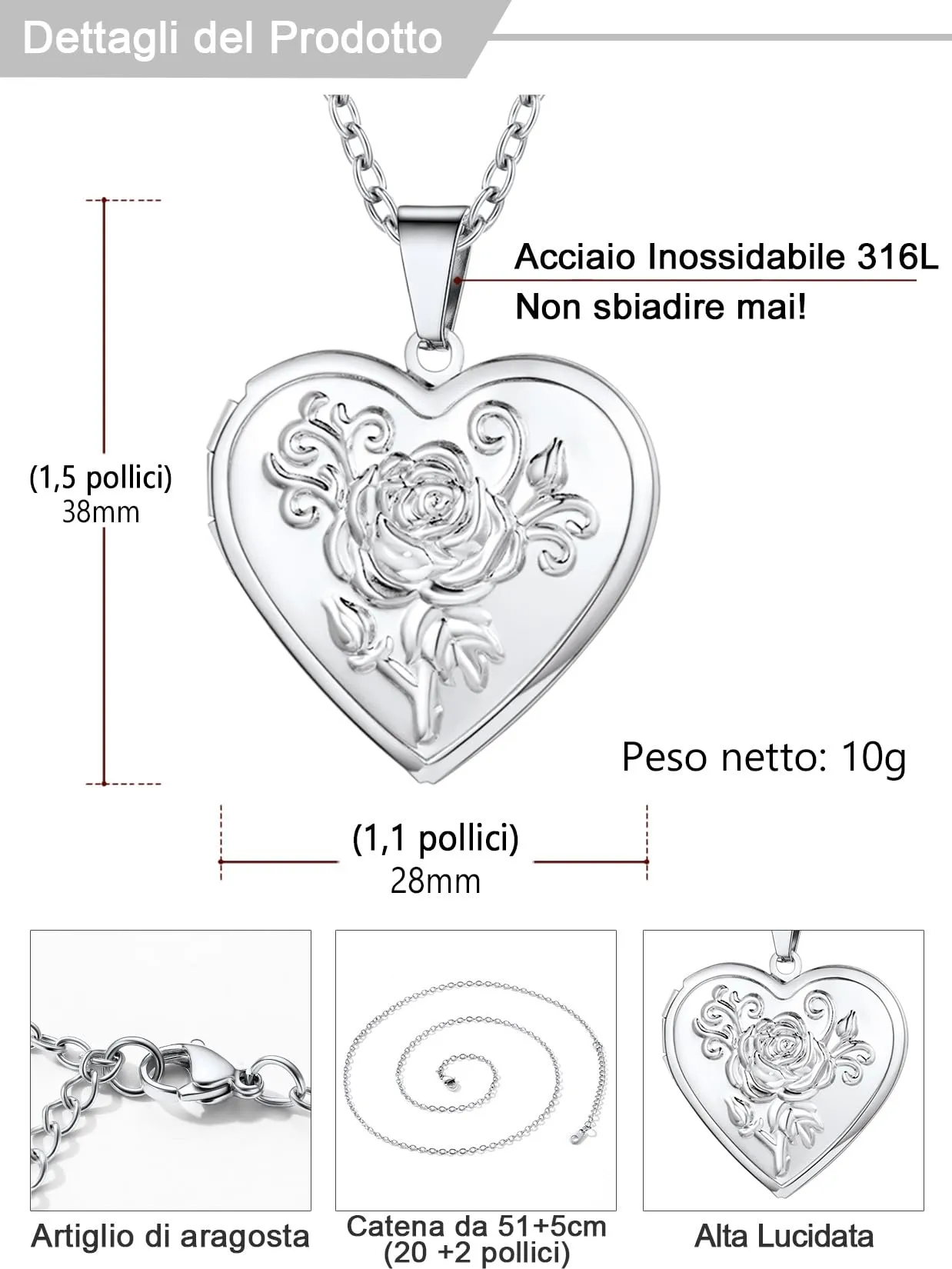 U7 Collana Donna Portafoto Cuore Apribile Fiore Rosa in Acciaio Inossidabile - immagine 5