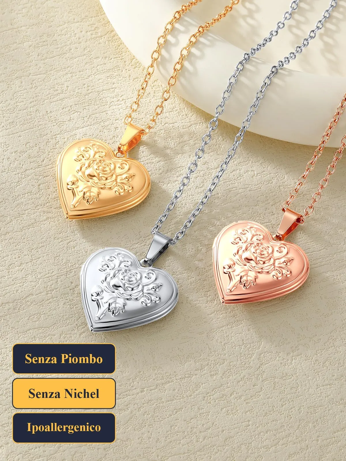 U7 Collana Donna Portafoto Cuore Apribile Fiore Rosa Oro Acciaio Inossidabile - immagine 6