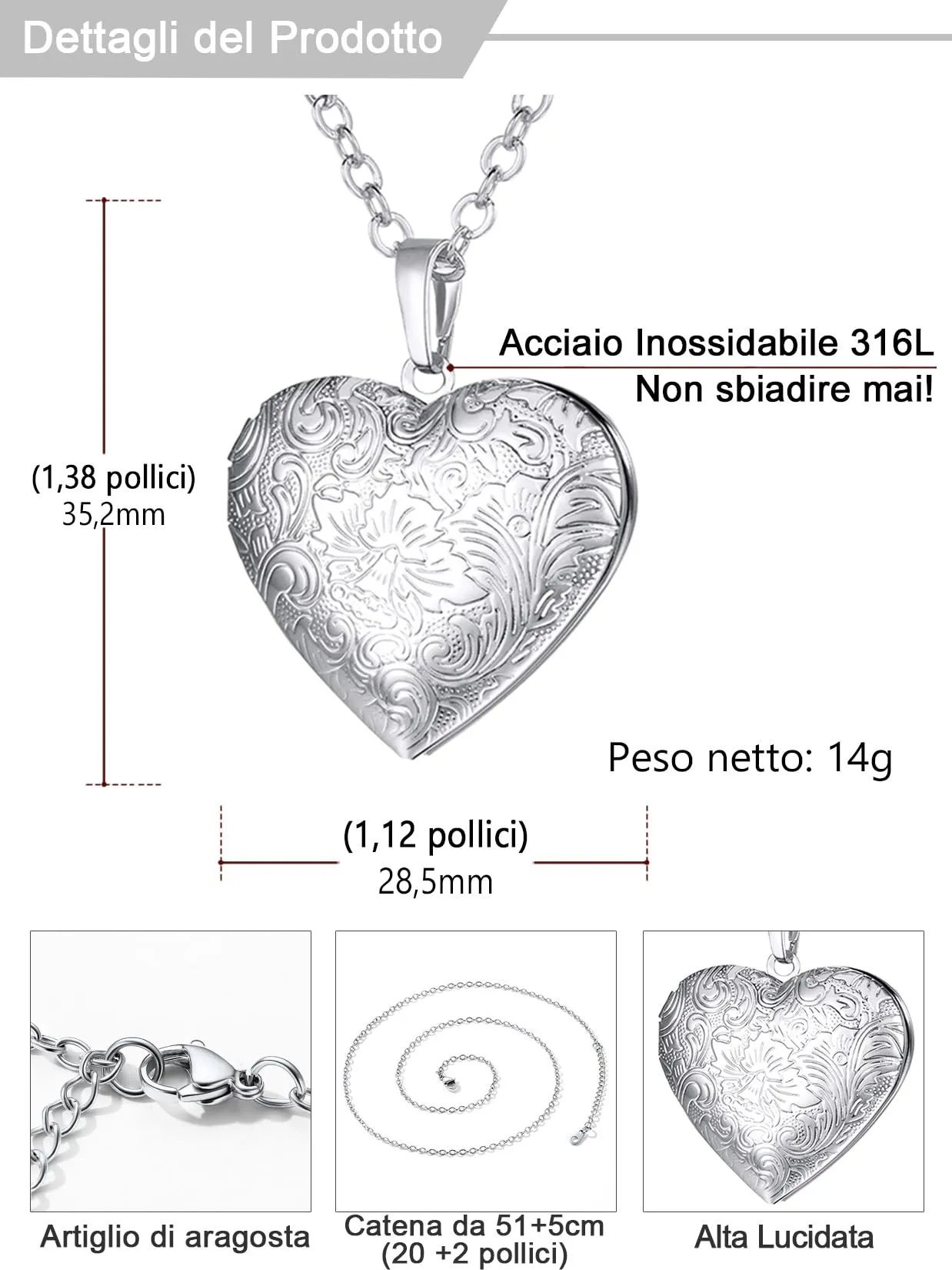 U7 Collana Donna Portafoto Cuore Apribile Fiore in Acciaio Inossidabile - immagine 5