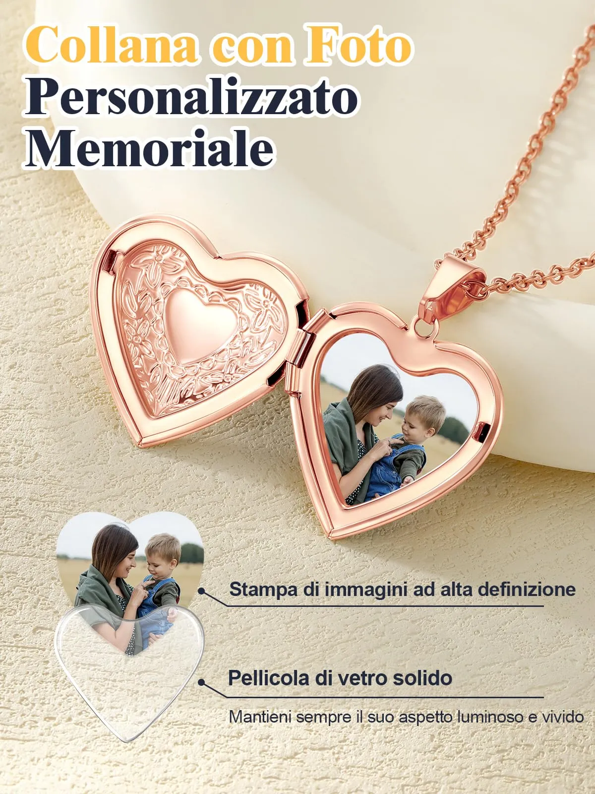 U7 Collana con Foto Personalizzata Cuore Oro Rosa in Acciaio Inossidabile - immagine 4