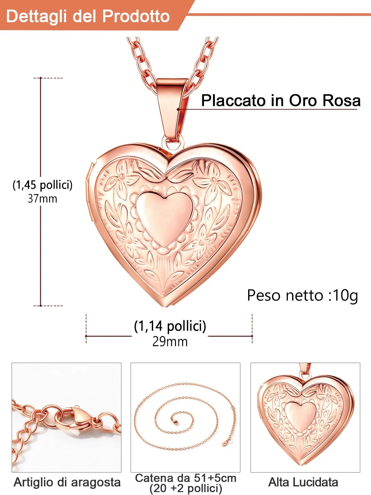 U7 Collana con Foto Personalizzata Cuore Oro Rosa in Acciaio Inossidabile - immagine 6