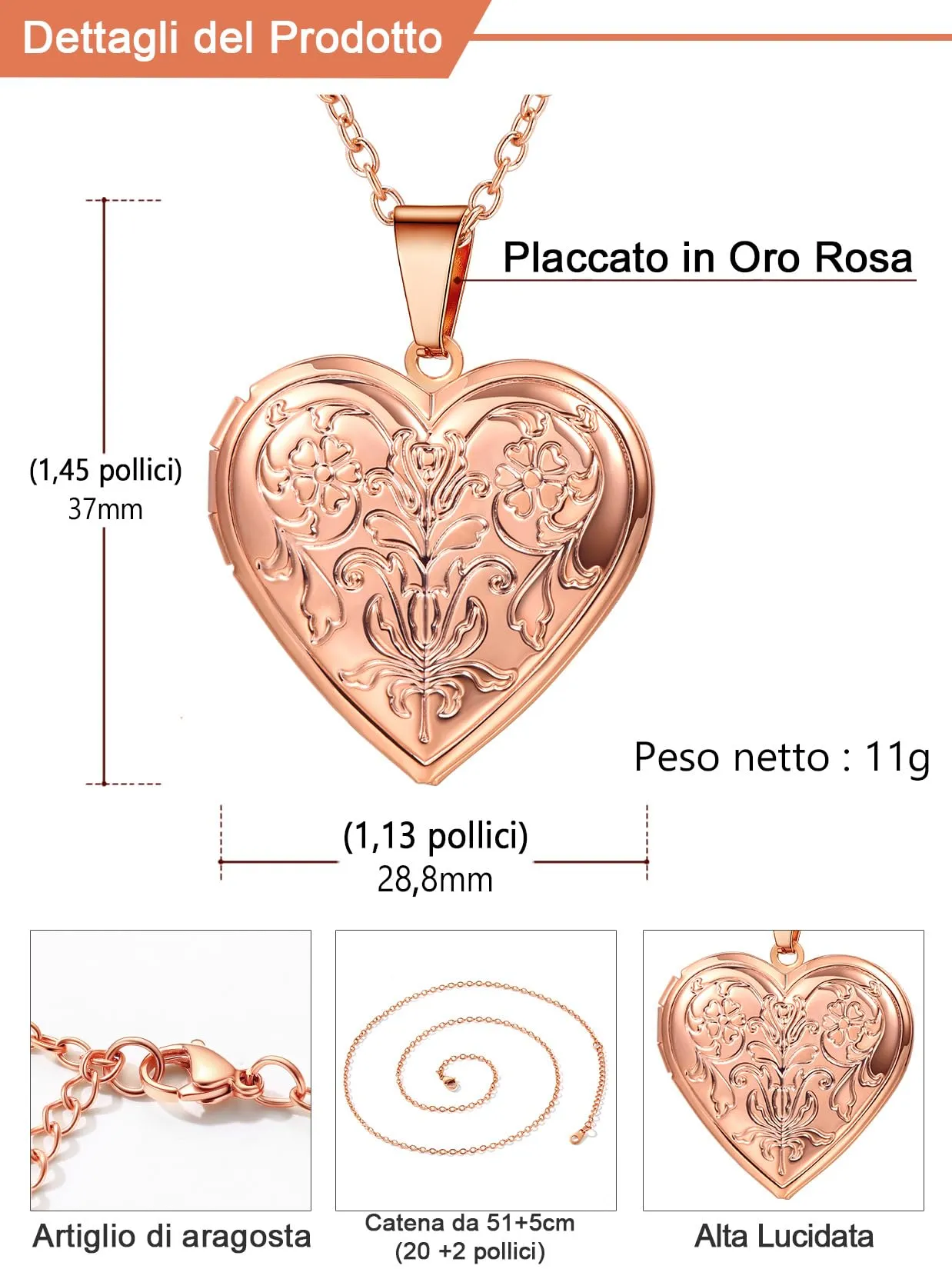U7 Collana con Foto Personalizzata Cuore Oro Rosa Acciaio Inossidabile - immagine 6