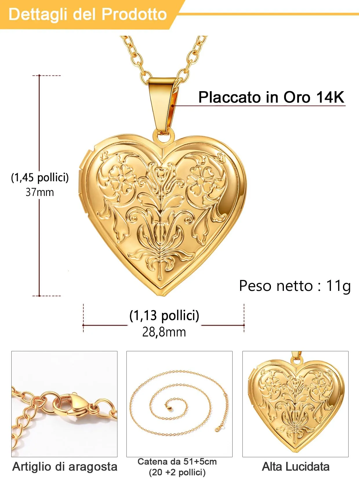 U7 Collana con Foto Personalizzata a Cuore in Acciaio Inossidabile Oro - immagine 4